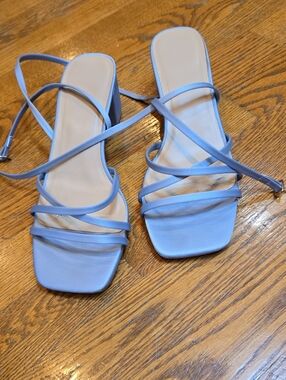 Azazie Matte Satin Block Heels, 7.5, Dusty Blue